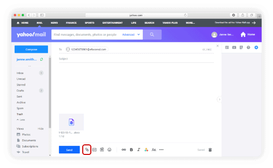 Upload a document by clicking the Paperclip icon to import one from your PC or the Drive icon to import documents from Google Docs. eFax will automatically convert the attached document into a fax message. 